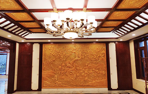 石景山中式别墅客厅中式木作横梁吊顶装饰展示